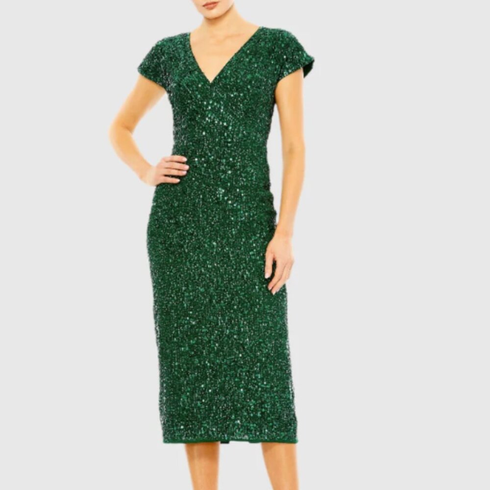 NWT - Mac Duggal - Dark Green Sequined Short Sleeve Wrap Over Cocktail Dress